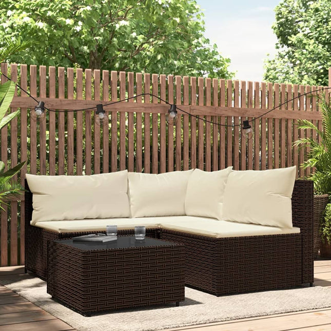 4-Delige Loungeset Met Kussens Poly Rattan Bruin hoek + 2x midden + Tafel