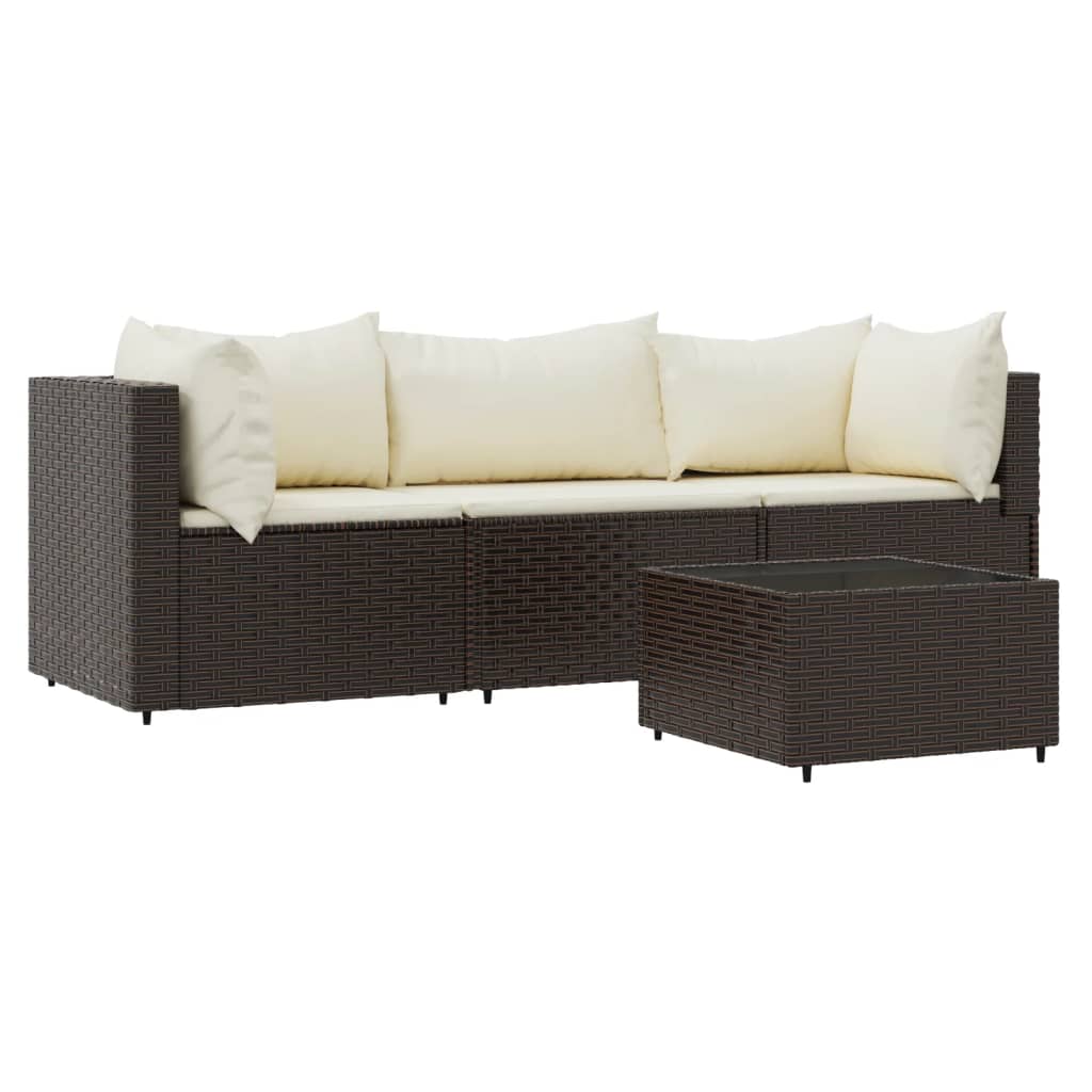 4-Delige Loungeset Met Kussens Poly Rattan Bruin 2x hoek + midden + Tafel