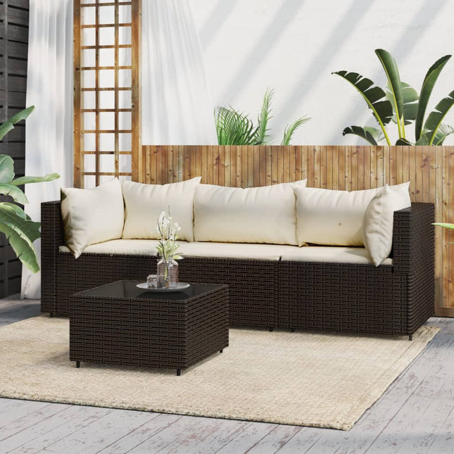 4-Delige Loungeset Met Kussens Poly Rattan Bruin 2x hoek + midden + Tafel