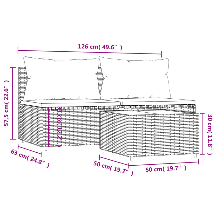 3-Delige Loungeset Met Kussens Poly Rattan Bruin 2x midden + Tafel