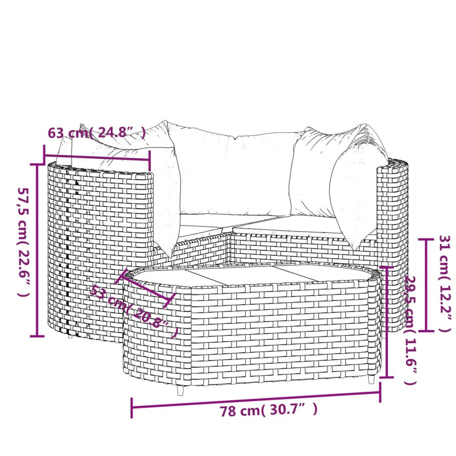 4-delige Loungeset met kussens poly rattan bruin