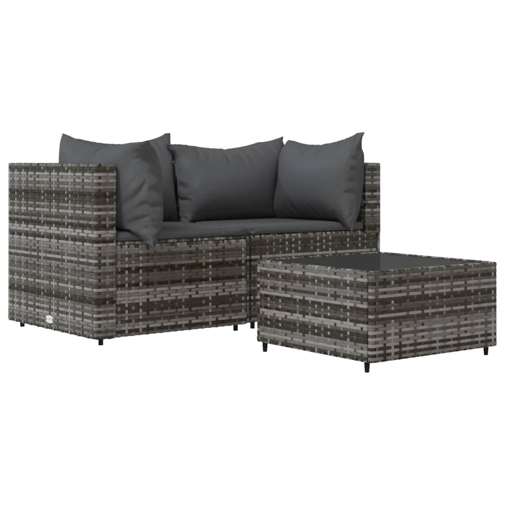 3-Delige Loungeset Met Kussens Poly Rattan Grijs 2x hoek + Tafel