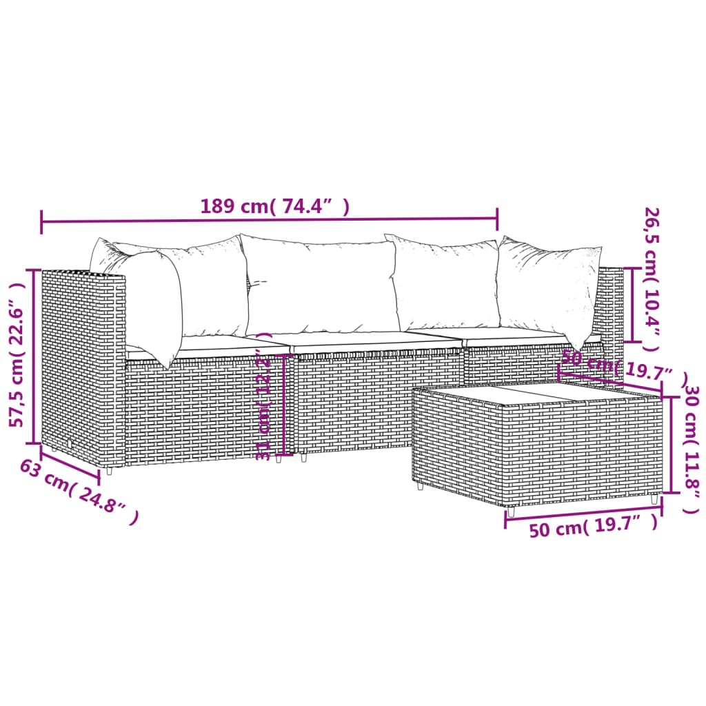 4-Delige Loungeset Met Kussens Poly Rattan Grijs 2x hoek + midden + Tafel