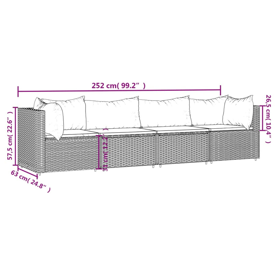 4-Delige Loungeset Met Kussens Poly Rattan Grijs 2x hoek + 2x midden