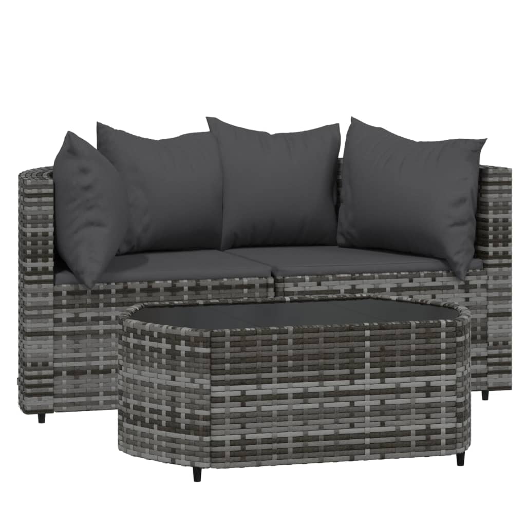 3-Delige Loungeset Met Kussens Poly Rattan Grijs 2x hoek + Tafel