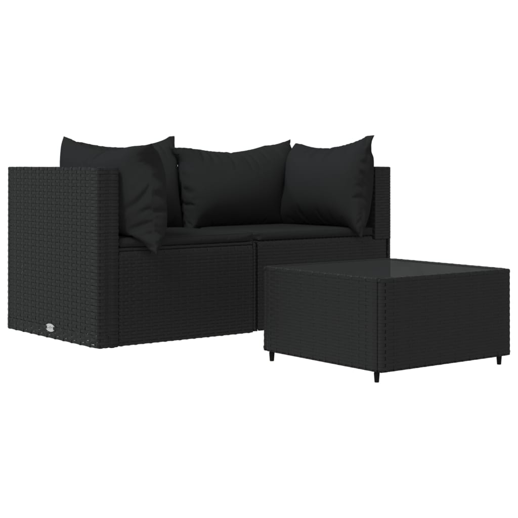3-delige Loungeset met kussens poly rattan zwart Zwart 2x hoek + Tafel