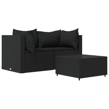 3-delige Loungeset met kussens poly rattan zwart Zwart 2x hoek + Tafel