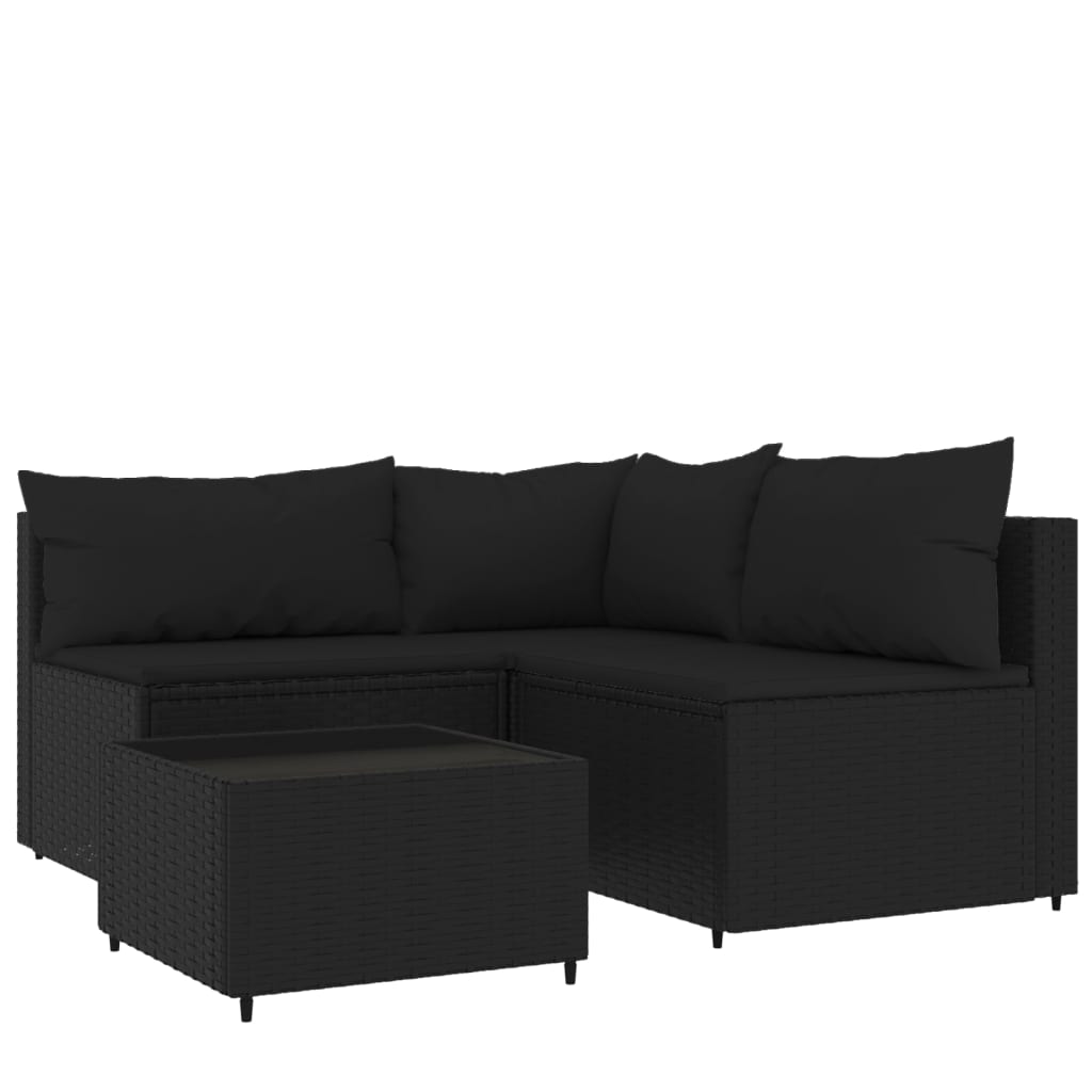 4-Delige Loungeset Met Kussens Poly Rattan Zwart hoek + 2x midden + Tafel