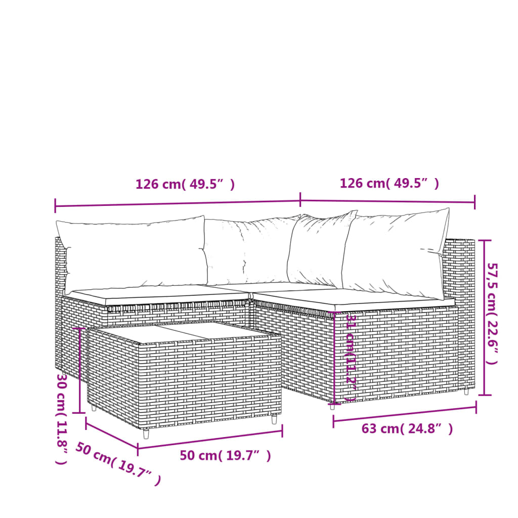 4-Delige Loungeset Met Kussens Poly Rattan Zwart hoek + 2x midden + Tafel