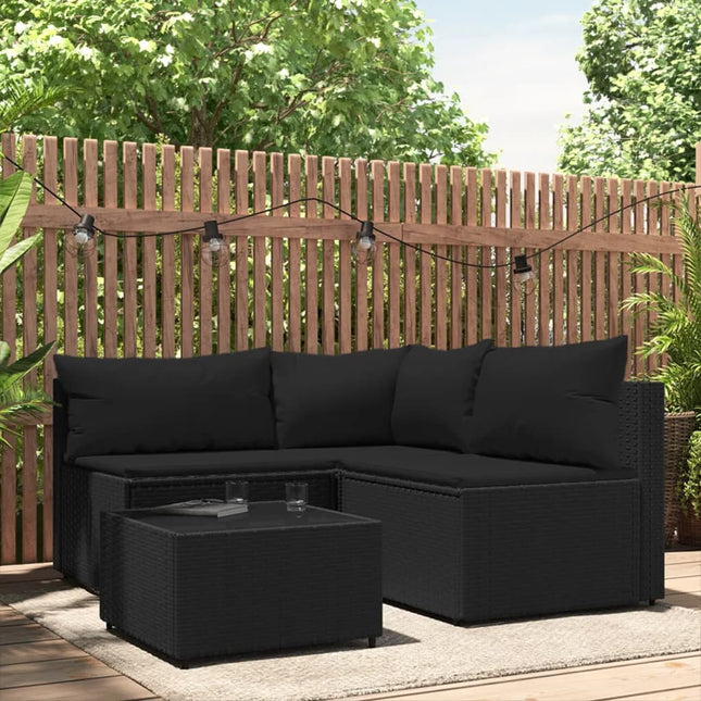 4-Delige Loungeset Met Kussens Poly Rattan Zwart hoek + 2x midden + Tafel