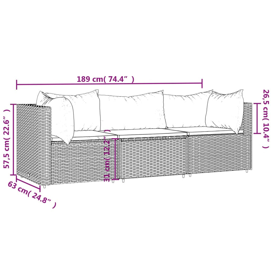 3-Delige Loungeset Met Kussens Poly Rattan Zwart 2x hoek + midden