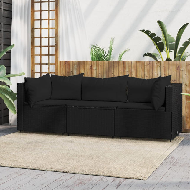 3-Delige Loungeset Met Kussens Poly Rattan Zwart 2x hoek + midden