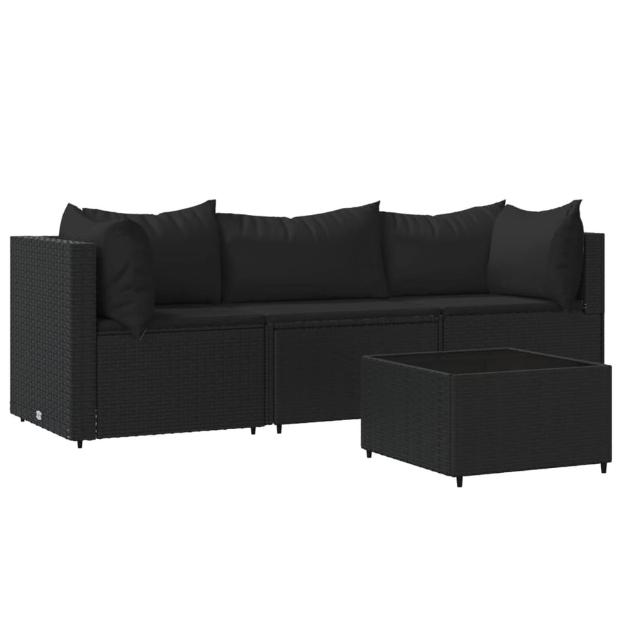4-Delige Loungeset Met Kussens Poly Rattan Zwart 2x hoek + midden + Tafel