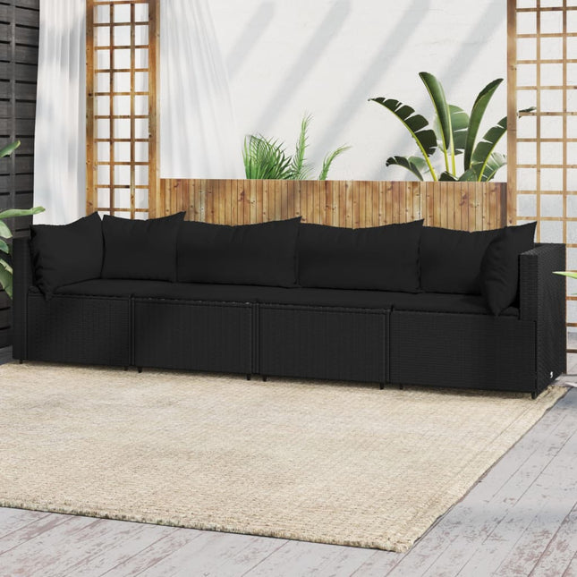 4-Delige Loungeset Met Kussens Poly Rattan Zwart 2x hoek + 2x midden