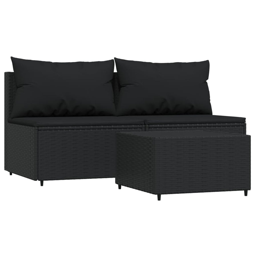 3-Delige Loungeset Met Kussens Poly Rattan Zwart 2x midden + Tafel