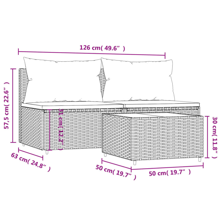 3-Delige Loungeset Met Kussens Poly Rattan Zwart 2x midden + Tafel