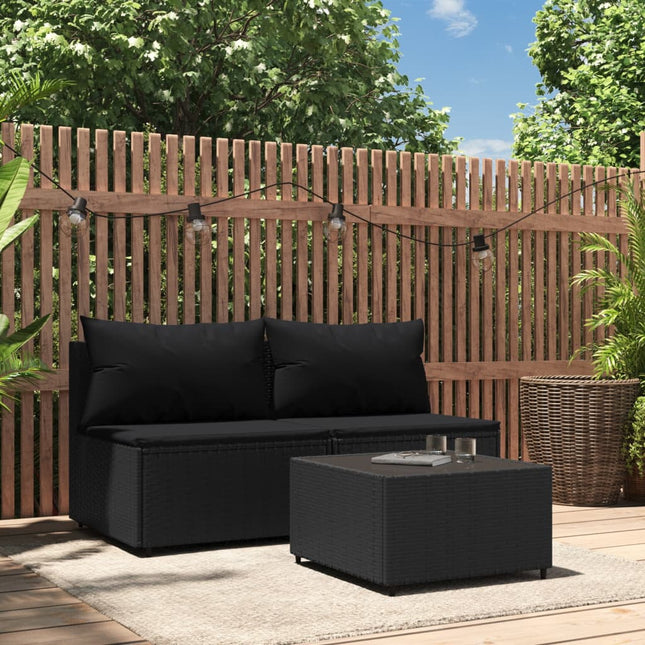 3-Delige Loungeset Met Kussens Poly Rattan Zwart 2x midden + Tafel