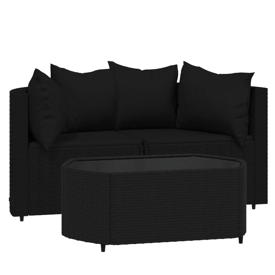 3-delige Loungeset met kussens poly rattan zwart Zwart 2x hoek + Tafel