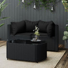 3-delige Loungeset met kussens poly rattan zwart Zwart 2x hoek + Tafel