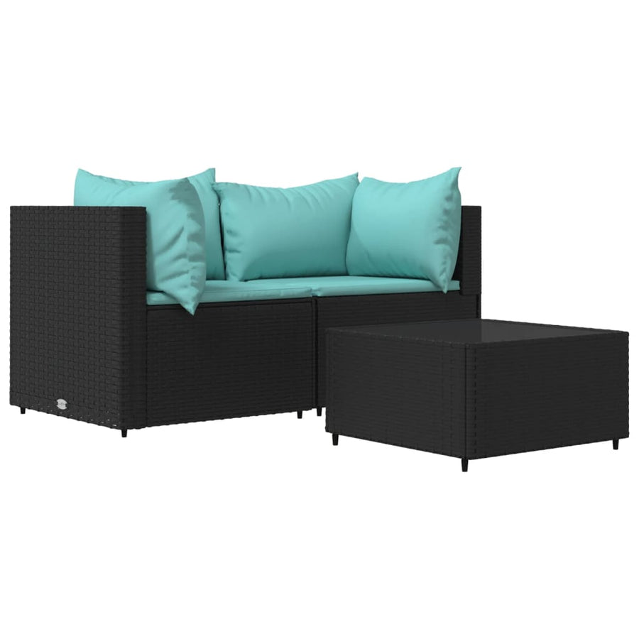 3-Delige Loungeset Met Kussens Poly Rattan Zwart en blauw 2x hoek + Tafel