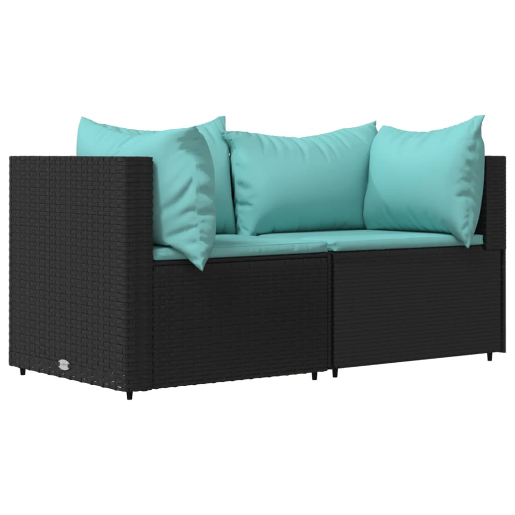 3-Delige Loungeset Met Kussens Poly Rattan Zwart en blauw 2x hoek + Tafel