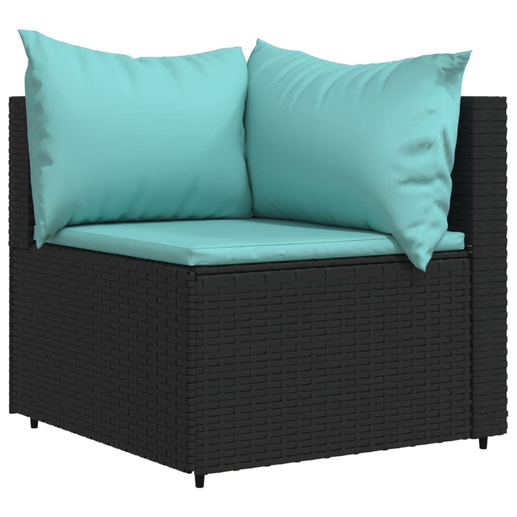 3-Delige Loungeset Met Kussens Poly Rattan Zwart en blauw 2x hoek + Tafel