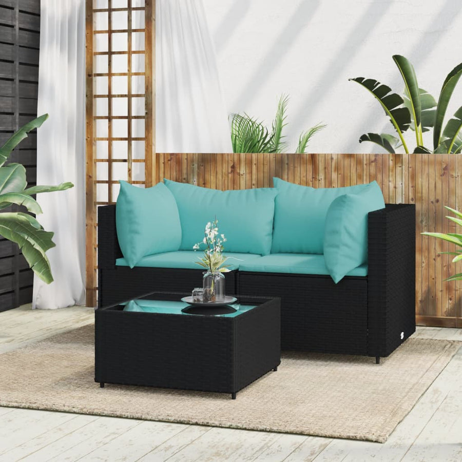 3-Delige Loungeset Met Kussens Poly Rattan Zwart en blauw 2x hoek + Tafel