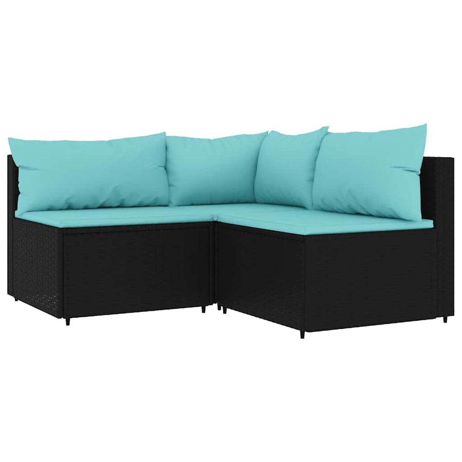 3-delige Loungeset met kussens poly rattan zwart