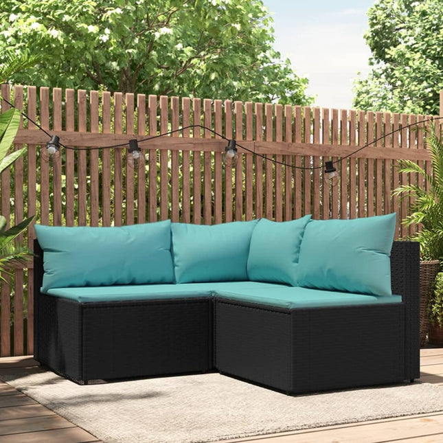 3-Delige Loungeset Met Kussens Poly Rattan Zwart en blauw hoek + 2x midden