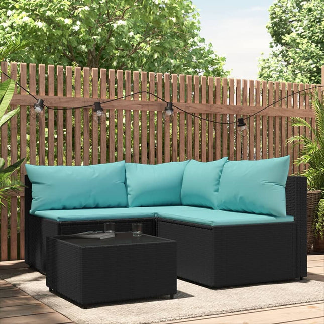 4-Delige Loungeset Met Kussens Poly Rattan Zwart en blauw hoek + 2x midden + Tafel