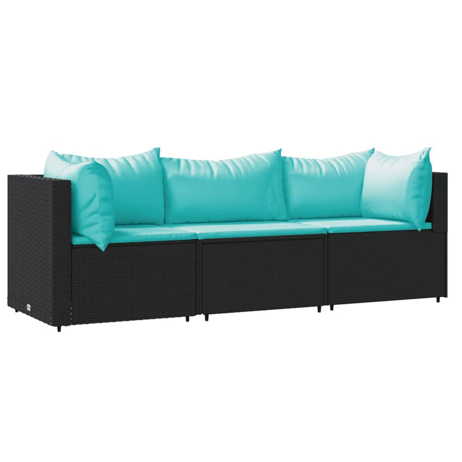 3-Delige Loungeset Met Kussens Poly Rattan Zwart en blauw 2x hoek + midden