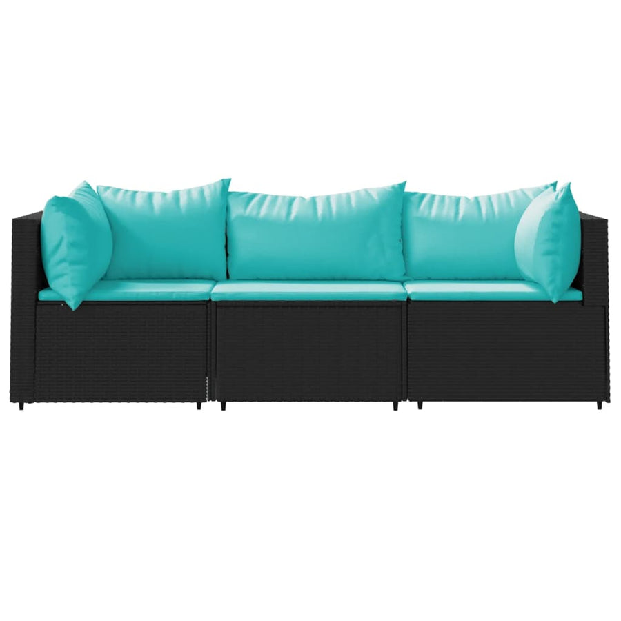 3-Delige Loungeset Met Kussens Poly Rattan Zwart en blauw 2x hoek + midden