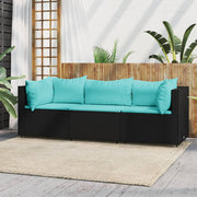 Loungeset 3-delig poly rattan zwart met kussens