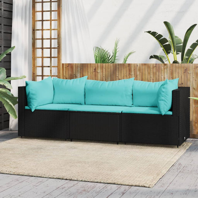 3-Delige Loungeset Met Kussens Poly Rattan Zwart en blauw 2x hoek + midden