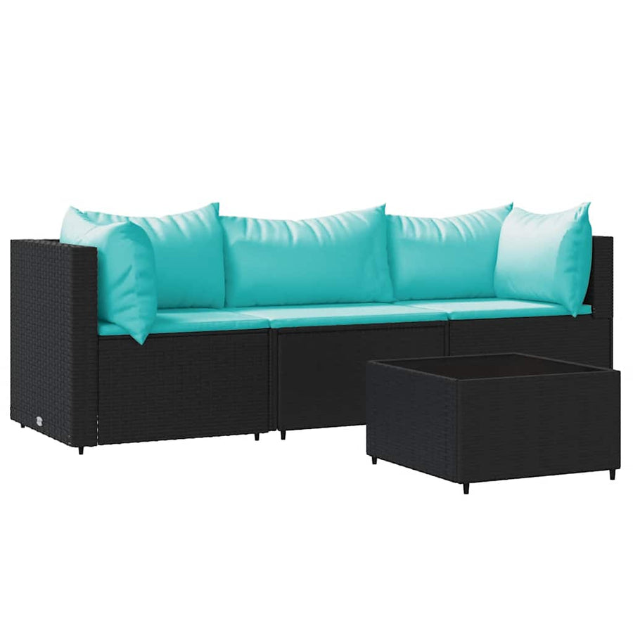 4-Delige Loungeset Met Kussens Poly Rattan 1 Zwart en blauw
