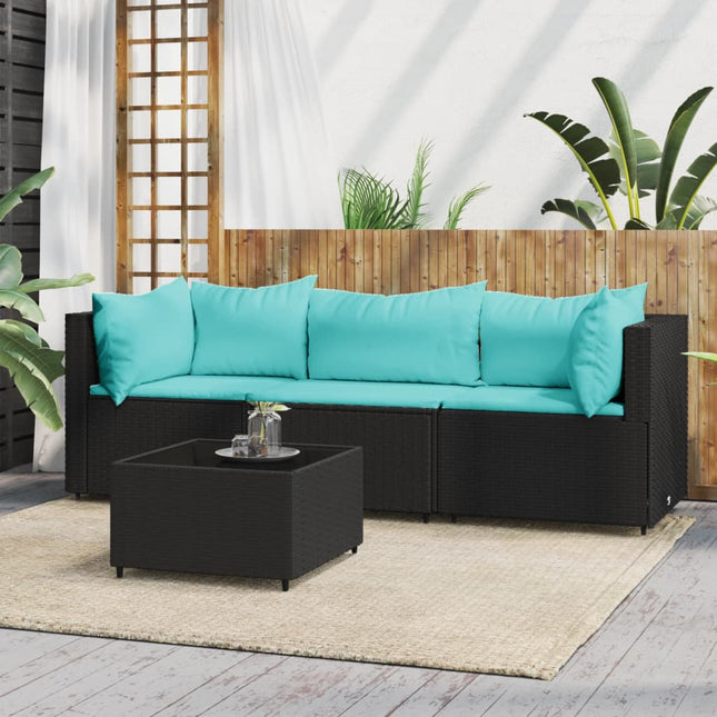 4-Delige Loungeset Met Kussens Poly Rattan Zwart en blauw 2x hoek + midden + Tafel