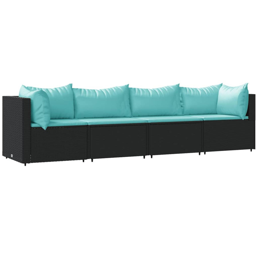 4-Delige Loungeset Met Kussens Poly Rattan Zwart en blauw 2x hoek + 2x midden