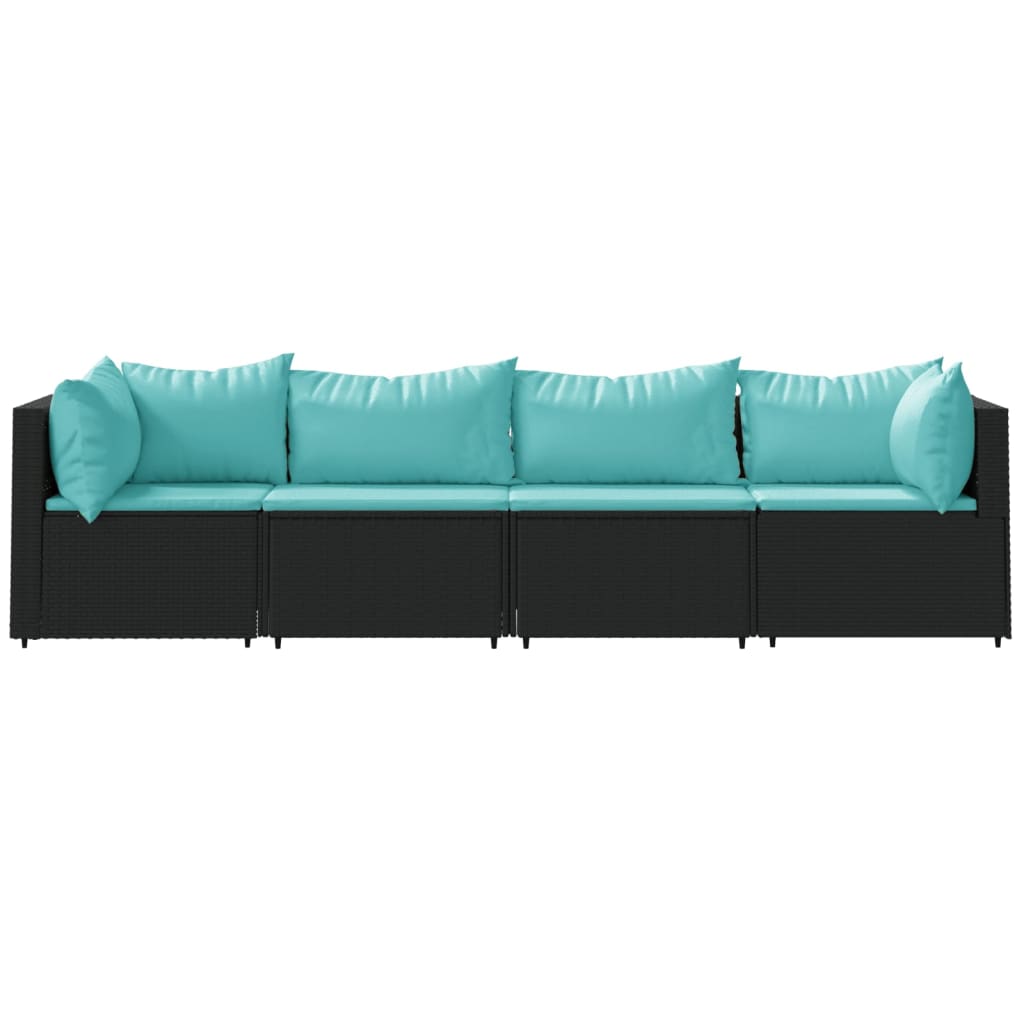 4-Delige Loungeset Met Kussens Poly Rattan Zwart en blauw 2x hoek + 2x midden