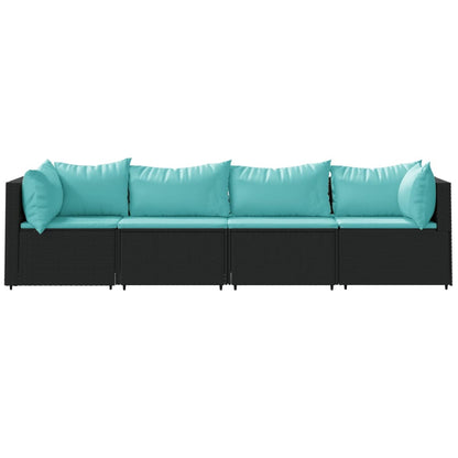 4-Delige Loungeset Met Kussens Poly Rattan Zwart en blauw 2x hoek + 2x midden