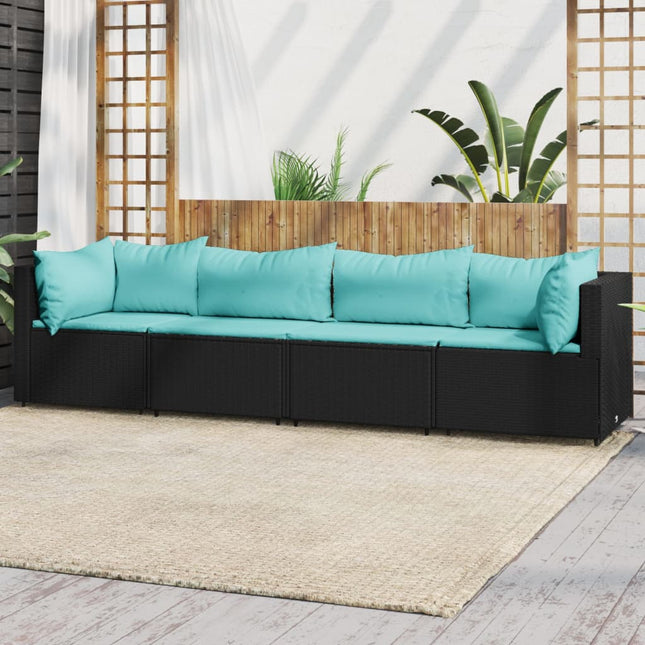 4-Delige Loungeset Met Kussens Poly Rattan Zwart en blauw 2x hoek + 2x midden