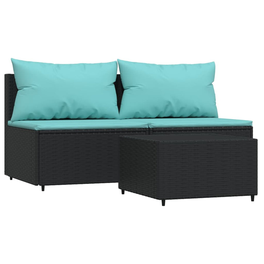 3-Delige Loungeset Met Kussens Poly Rattan Zwart en blauw 2x midden + Tafel