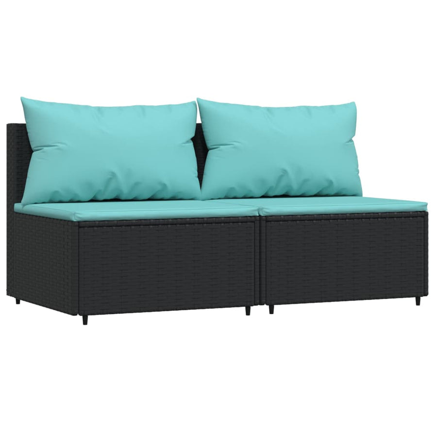 3-Delige Loungeset Met Kussens Poly Rattan Zwart en blauw 2x midden + Tafel