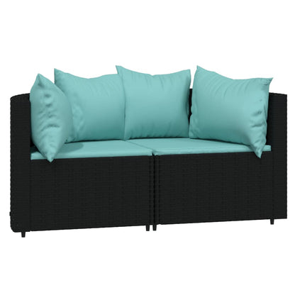 Tuinhoekbanken Met Kussens 2 St Poly Rattan Zwart en blauw 2x hoek