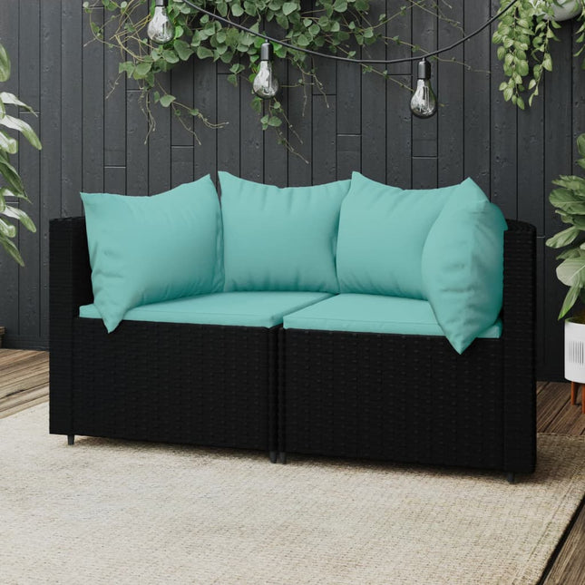 Tuinhoekbanken Met Kussens 2 St Poly Rattan Zwart en blauw 2x hoek