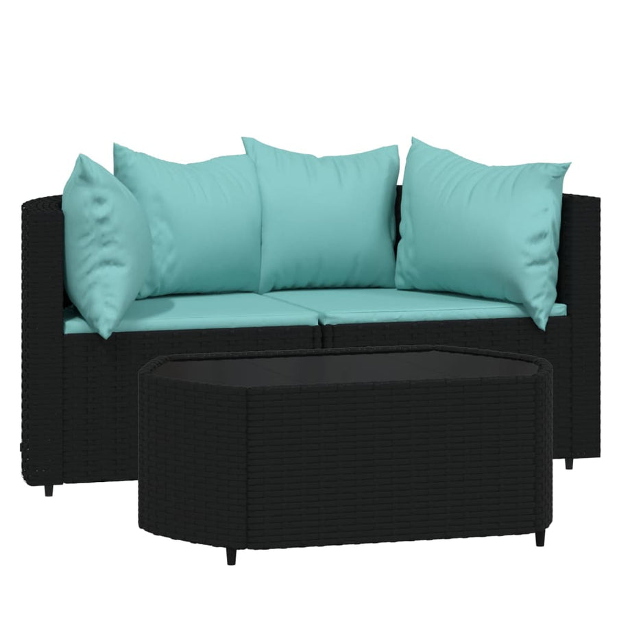 3-Delige Loungeset Met Kussens Poly Rattan Zwart en blauw 2x hoek + Tafel
