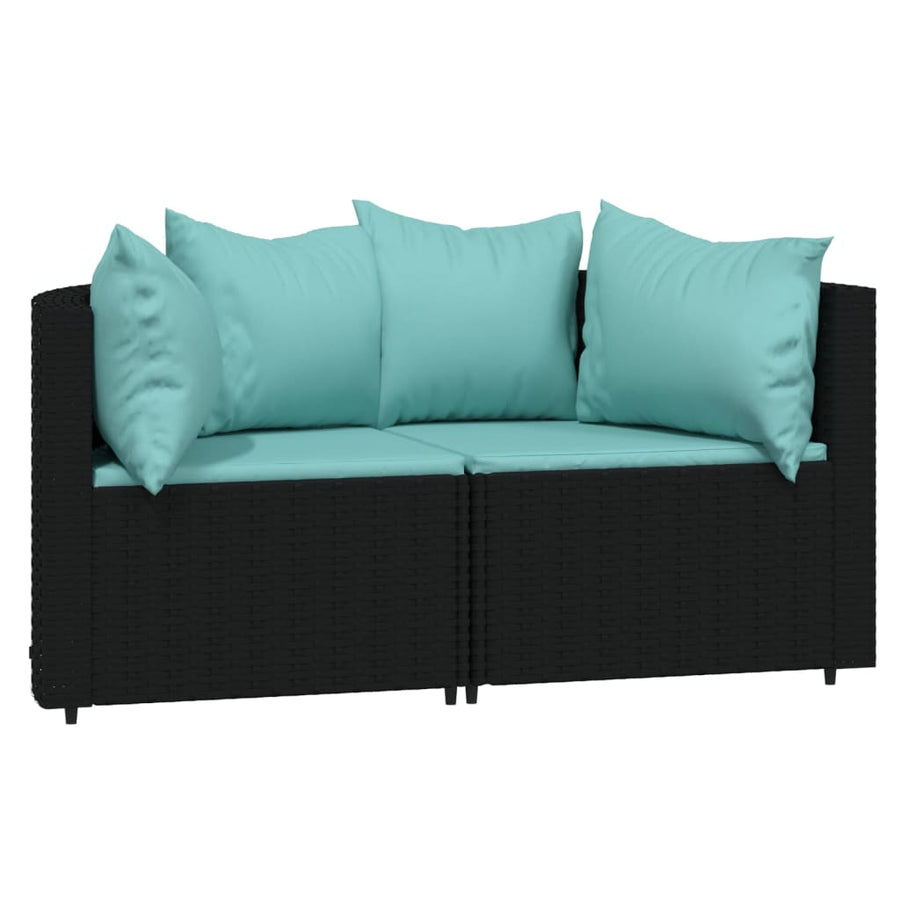 3-Delige Loungeset Met Kussens Poly Rattan Zwart en blauw 2x hoek + Tafel