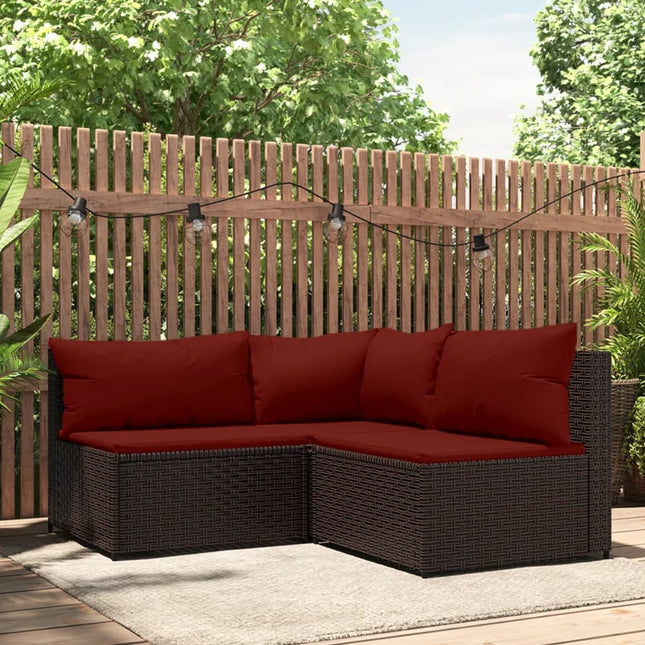 3-Delige Loungeset Met Kussens Poly Rattan Bruin en rood hoek + 2x midden