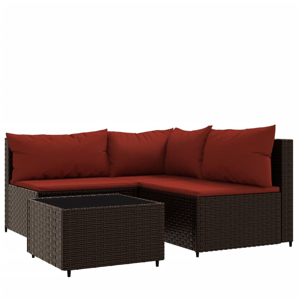 4-Delige Loungeset Met Kussens Poly Rattan Bruin en rood hoek + 2x midden + Tafel