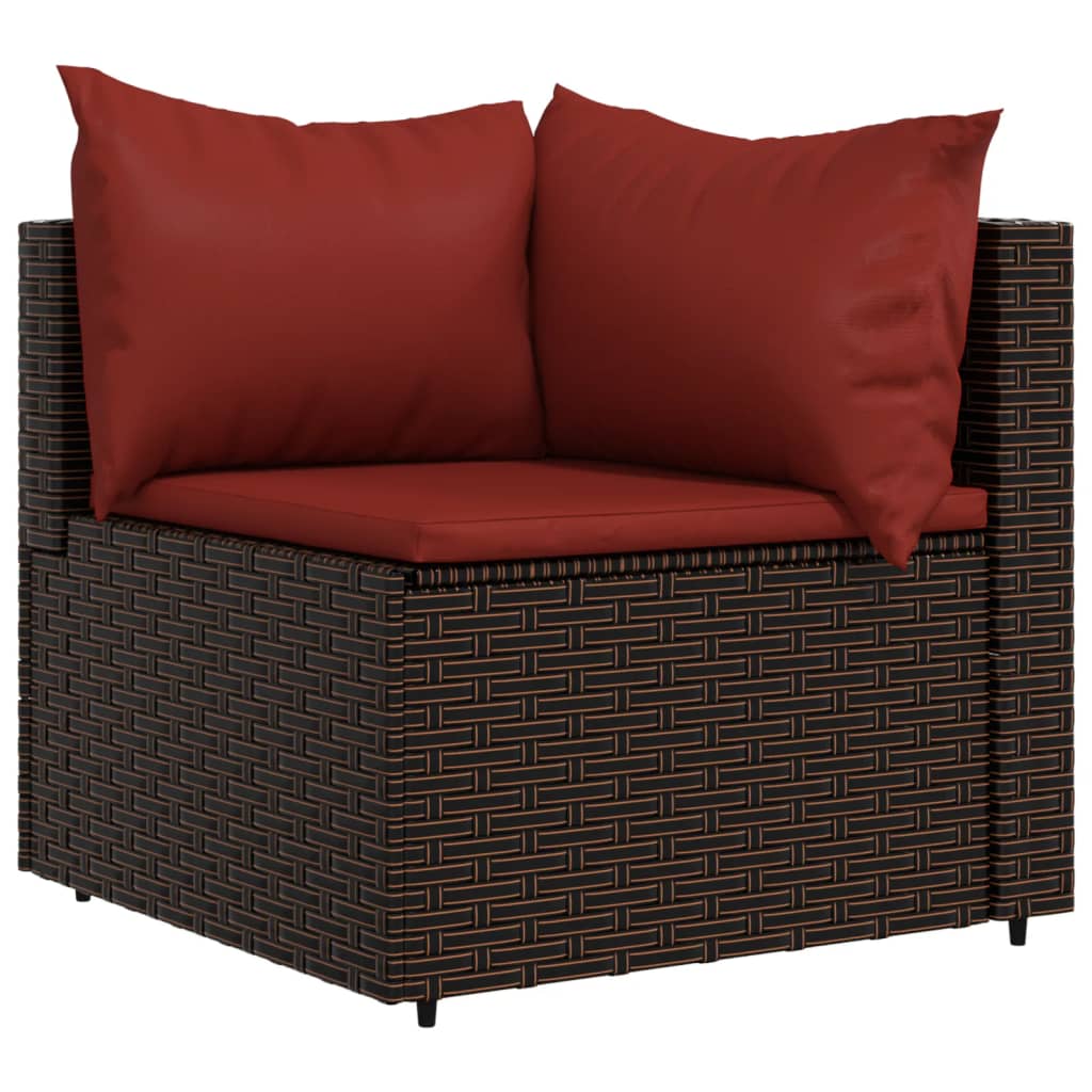 4-Delige Loungeset Met Kussens Poly Rattan Bruin en rood hoek + 2x midden + Tafel