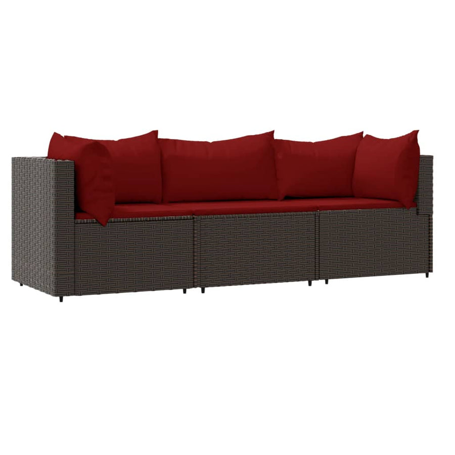 3-Delige Loungeset Met Kussens Poly Rattan Bruin en rood 2x hoek + midden